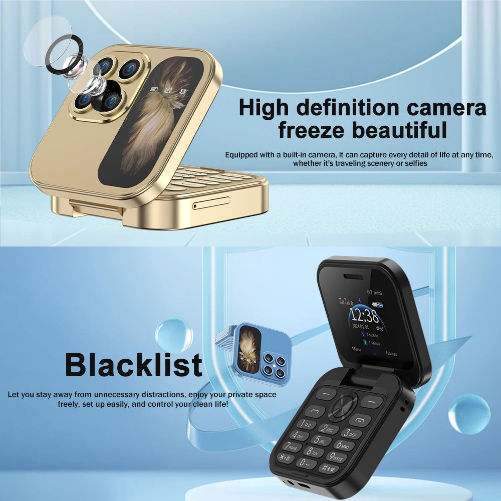 SERVO Mini Foldable Mobile Phone 2G Cellular 1.77" Display Speed Dial FM Radio Flashlight Magic Voice Dual SIM Flip Cellphones