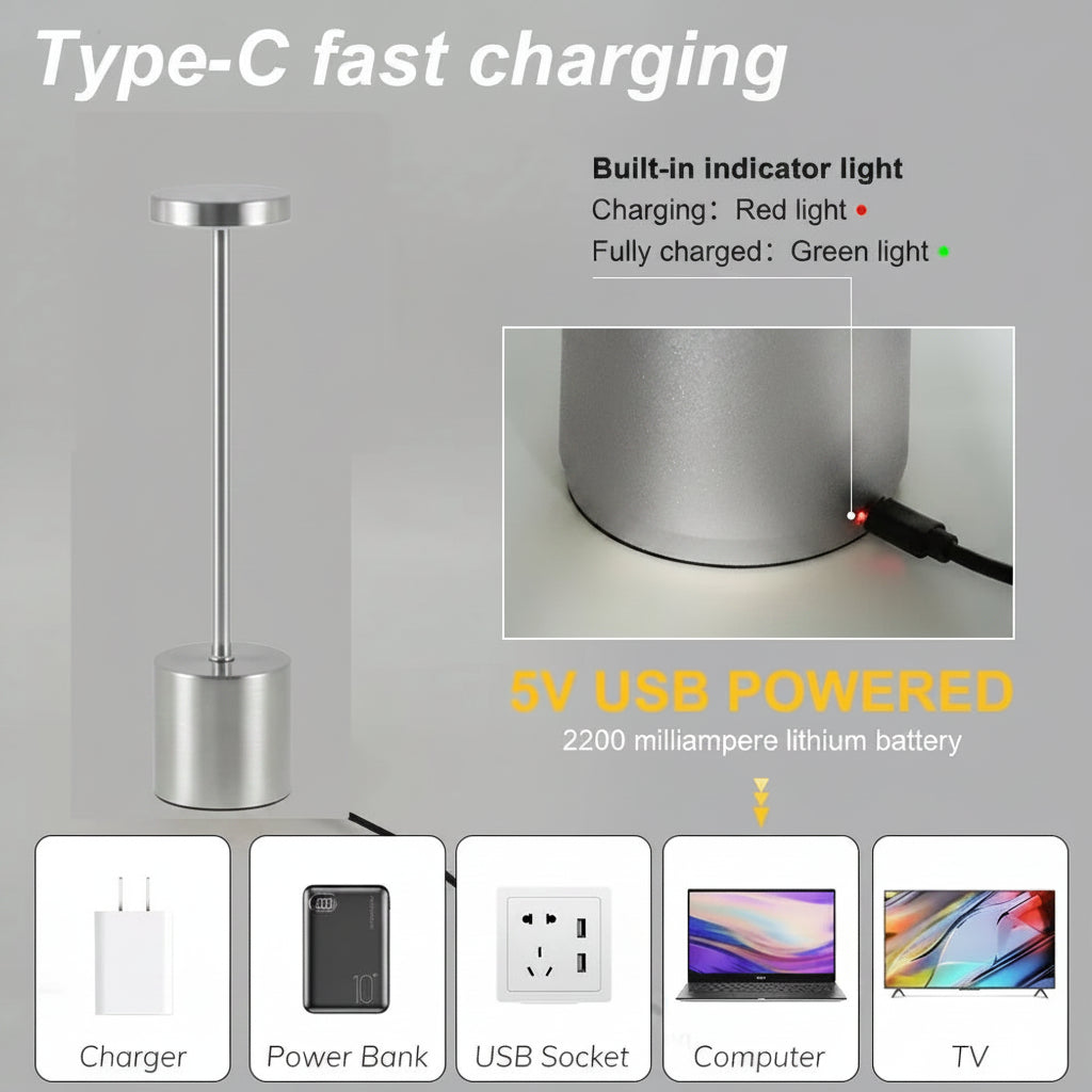 Silver Modern Table Lamp - Fast Charging