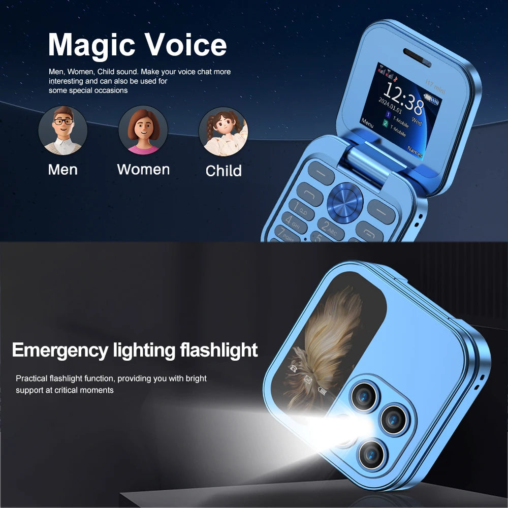 SERVO Mini Foldable Mobile Phone 2G Cellular 1.77" Display Speed Dial FM Radio Flashlight Magic Voice Dual SIM Flip Cellphones
