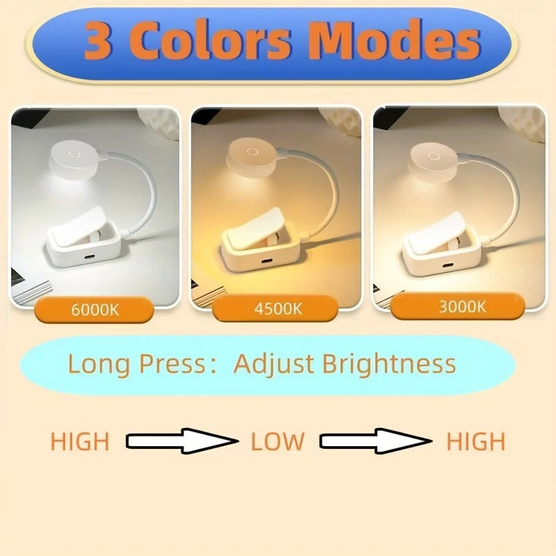 Folding Mini Clip Book Lamp USB Rechargeable LED Night Light 3 Modes Eye Protection Stepless Dimmable Flexible Bedroom Reading