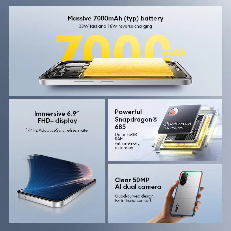 POCO M7 NFC Global Version Mobile Phone 6.9'' 144Hz FHD+ DotDisplay 7000mAh Battery 50MP Camera 33W Charging Snapdragon 685