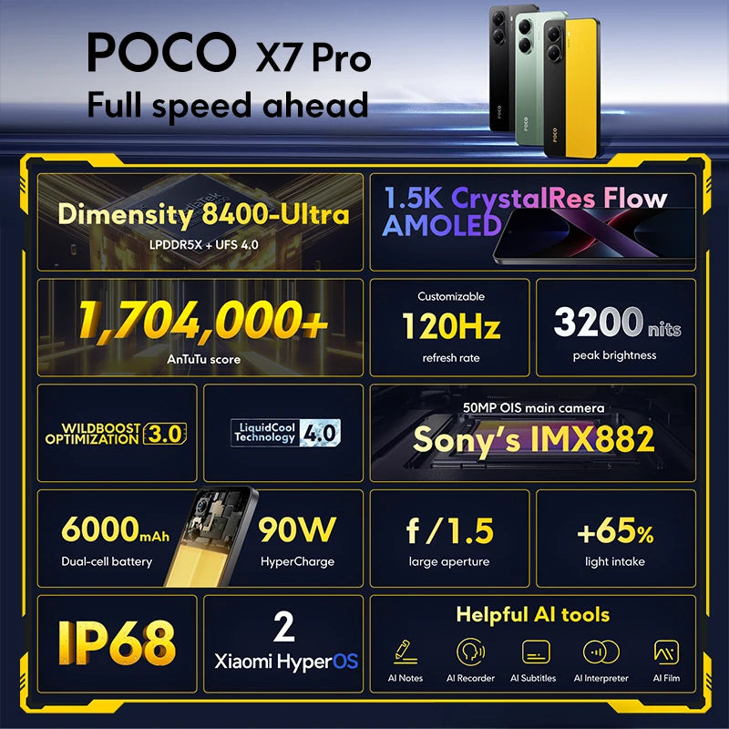 【World Premiere】POCO X7 Pro Global Version Cellphone 256GB / 512GB Dimensity 8400-Ultra 6.67" 120Hz Display 90W 6000mAh 5G NFC