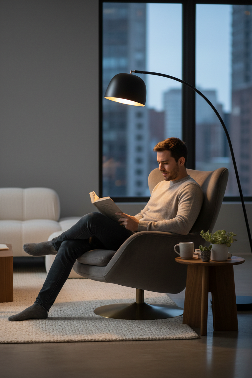 Man reading by arc lamp