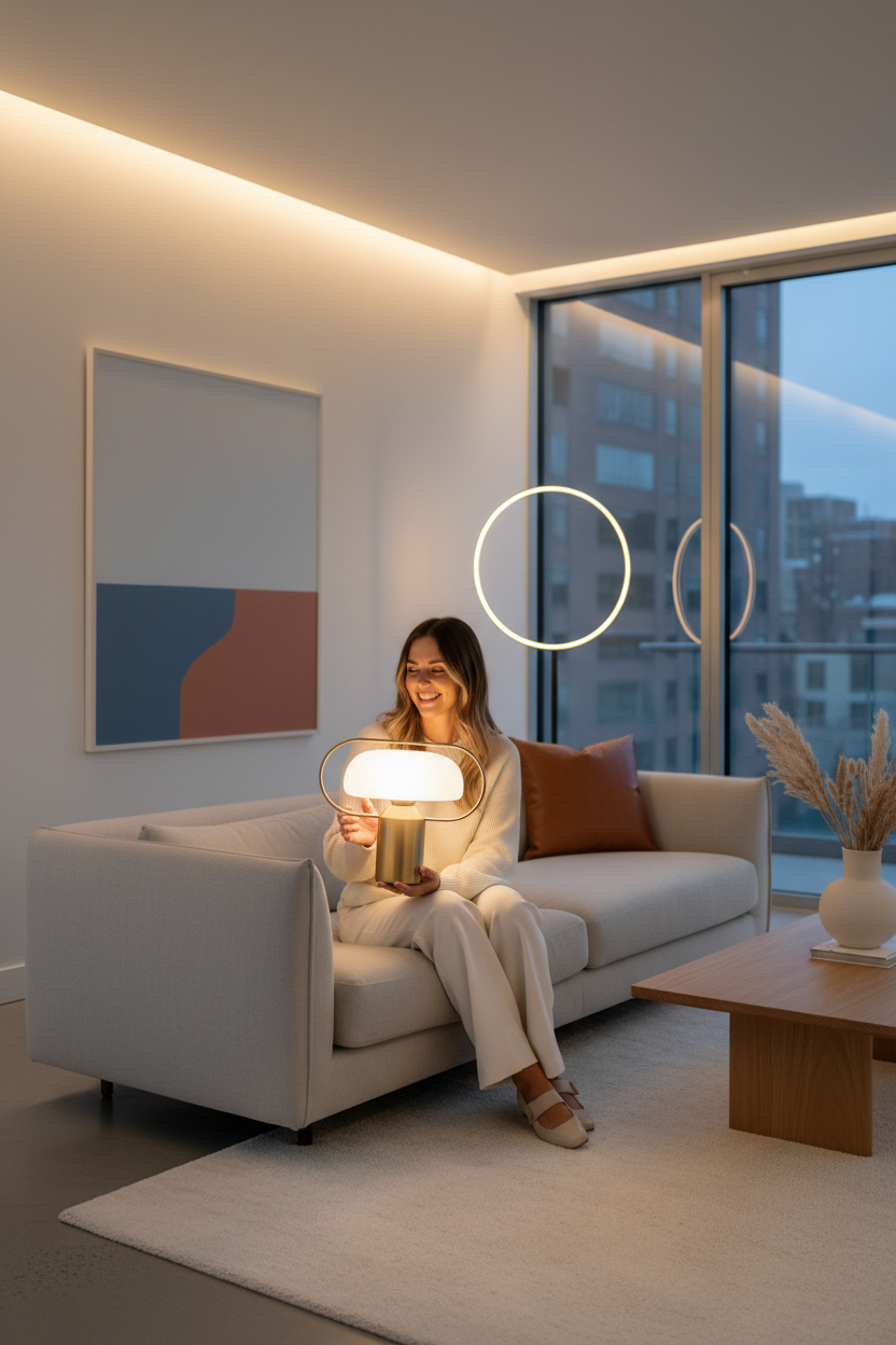 Woman with table lamp
